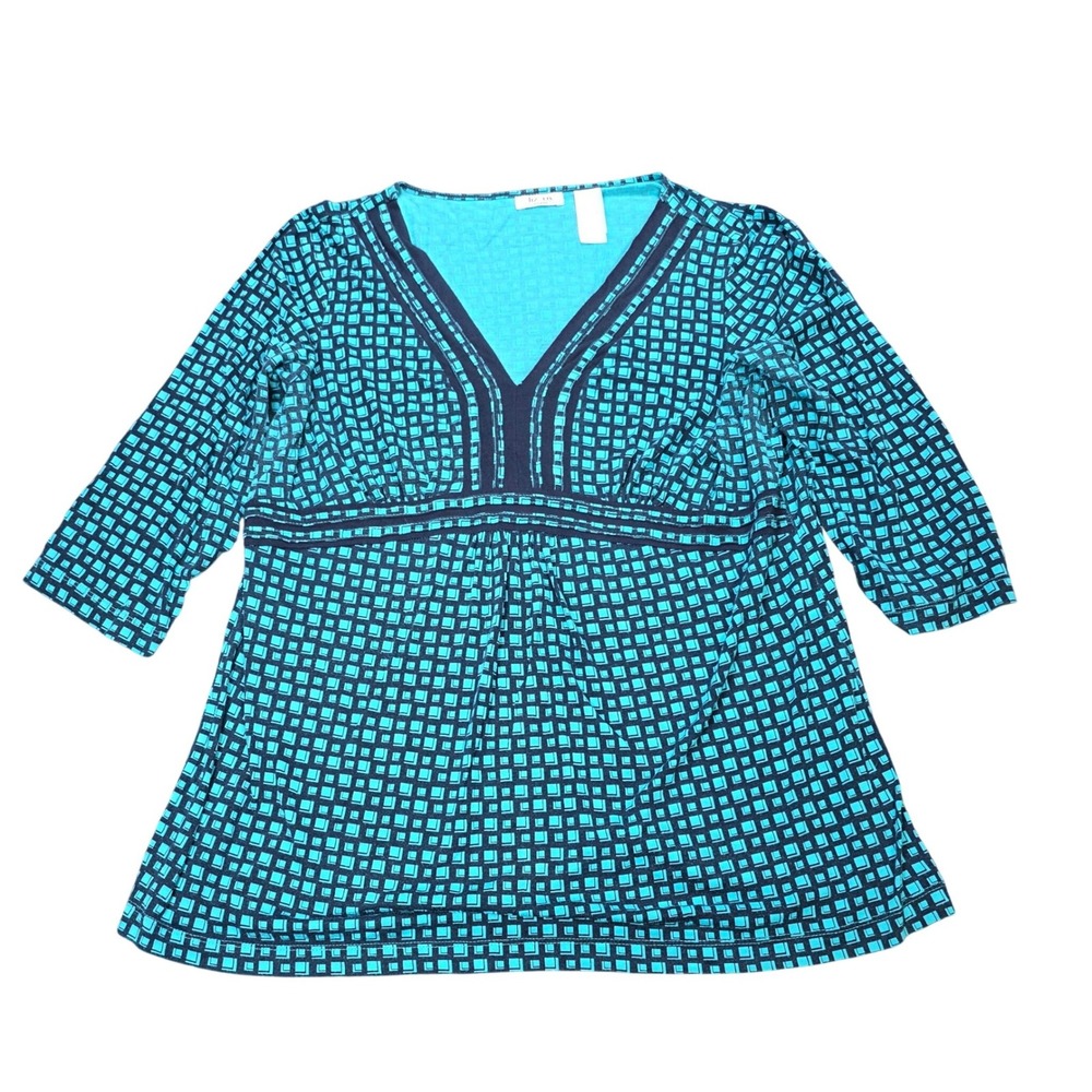 Liz & Co Geometric V-Neck Top Women's Size 1X Turquoise Navy Empire Waist Trim